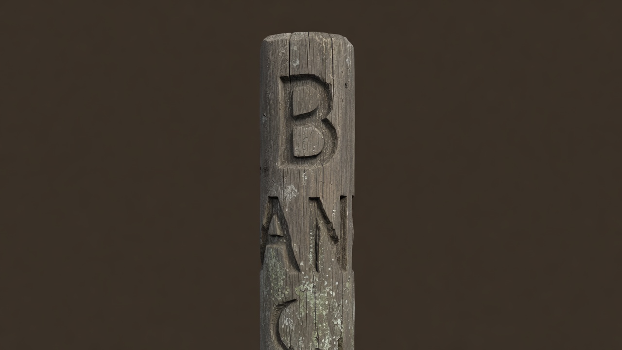 Soft-lit 3D reconstruction of a weathered wooden post with carved capital letters on a plain espresso background
