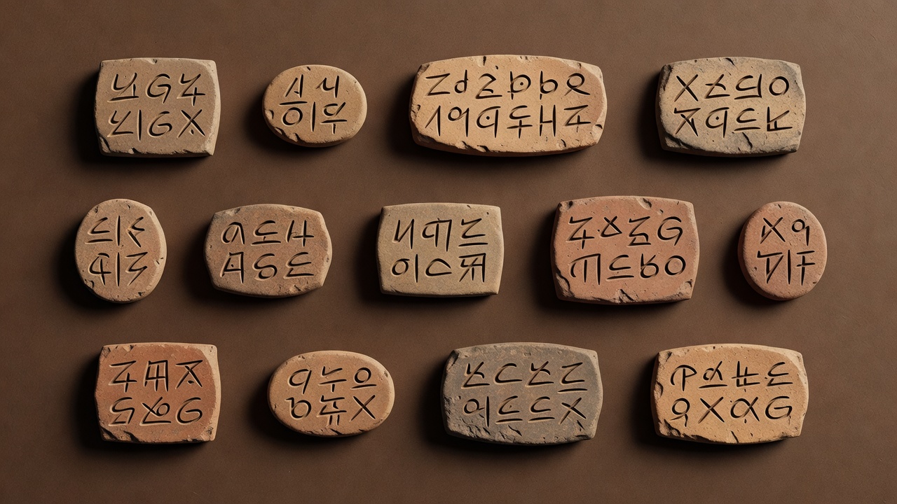 Soft-lit 3D reconstruction of several small clay tablets with incised linear signs on a plain dark brown surface