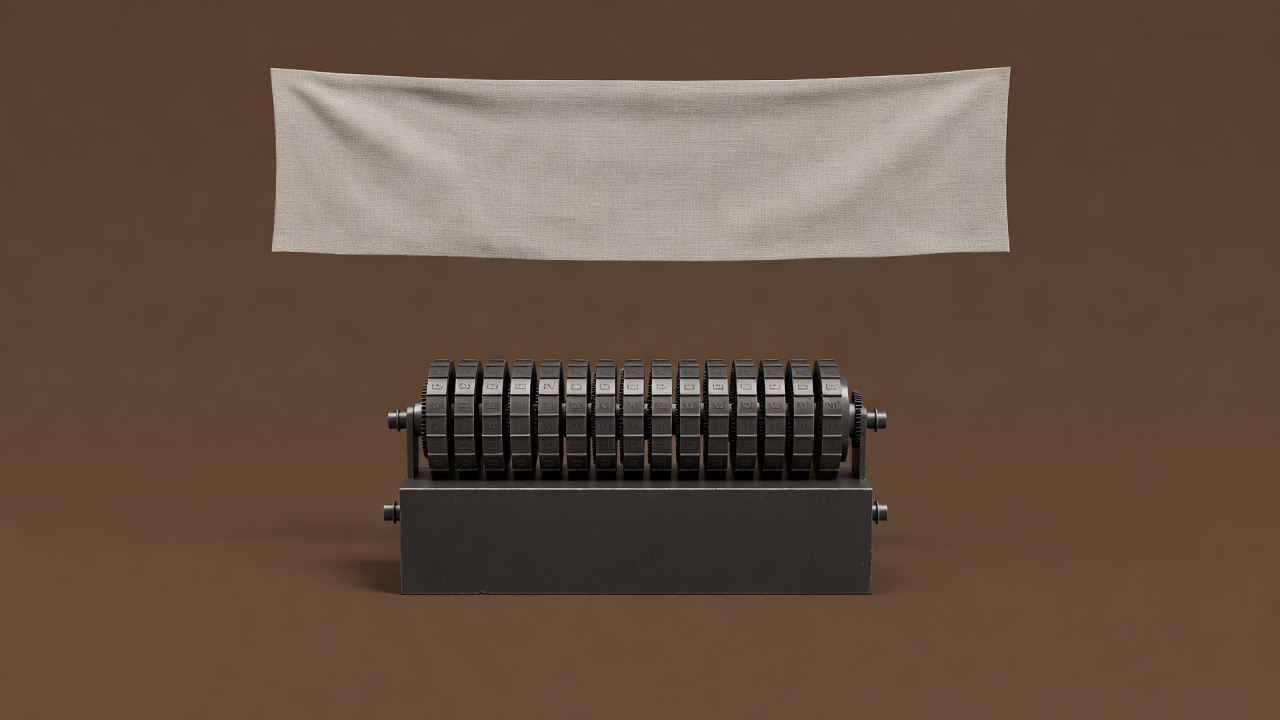Soft-lit 3D reconstruction of a rotor cipher machine with lettered wheels on a plain espresso-brown surface